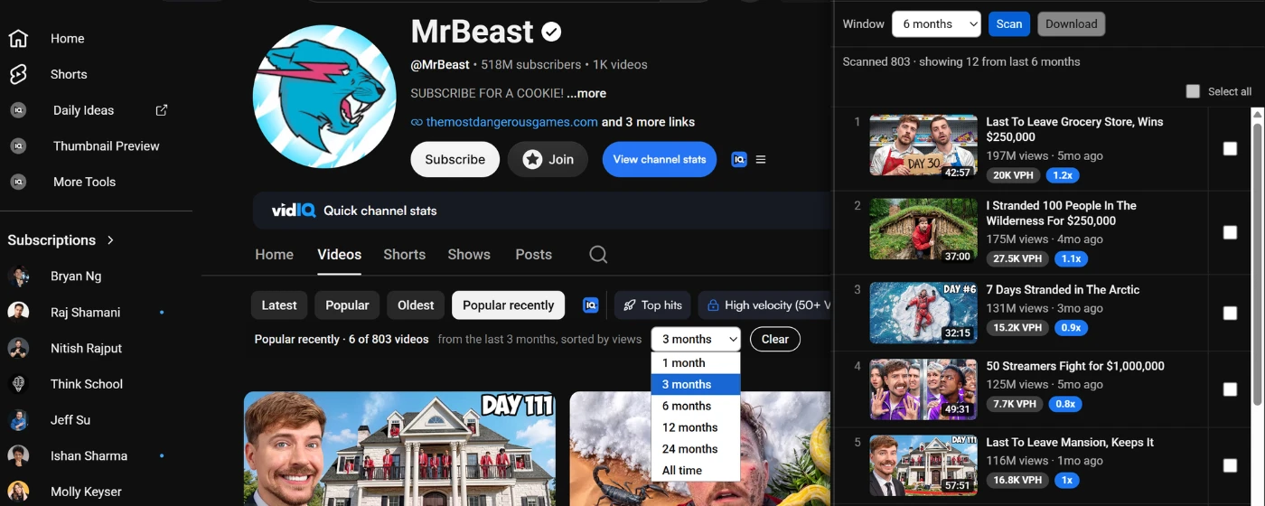 Popular Recently re-sorting MrBeast's channel by recent popularity: the on-page chip active and filtered to the last 3 months, with the side panel open showing a ranked list from 803 scanned videos, views-per-hour and outlier chips included.